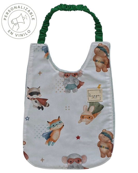 Babero Montessori SAVAGE LINE de algodón orgánico con estampado de superhéroes y elástico verde para bebés de 3-6 meses