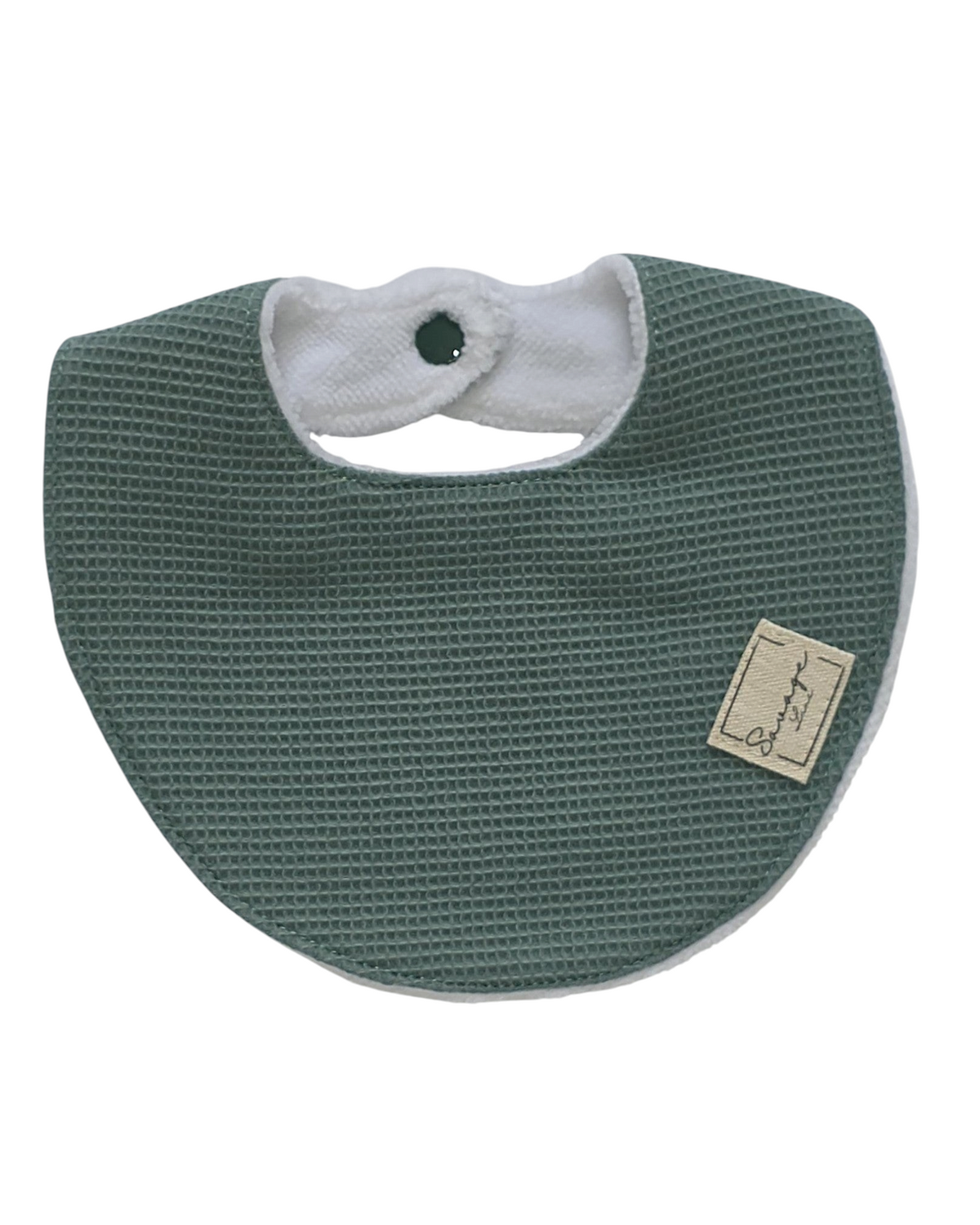 Babero de lactancia SAVAGE LINE color verde waffle con reverso de rizo de bambú blanco y cierre de presión