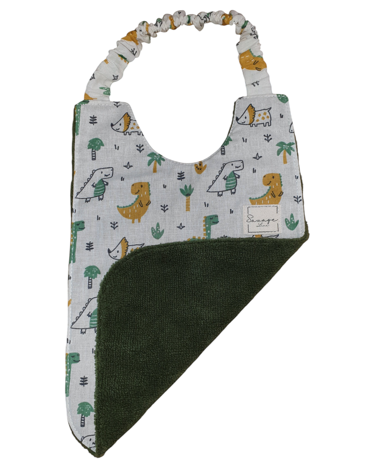 Babero SAVAGE LINE de algodón orgánico con estampado de dinosaurios y reverso de rizo de bambú verde ajustable