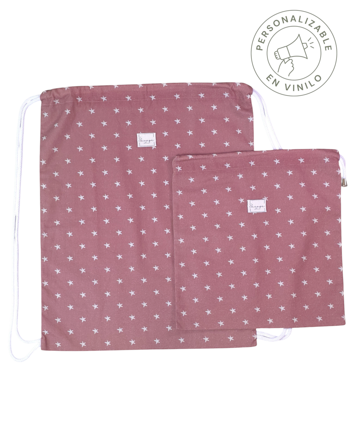 Dúo de mochila y bolsa multiusos SAVAGE LINE en algodón color salmón con estampado de estrellas blancas