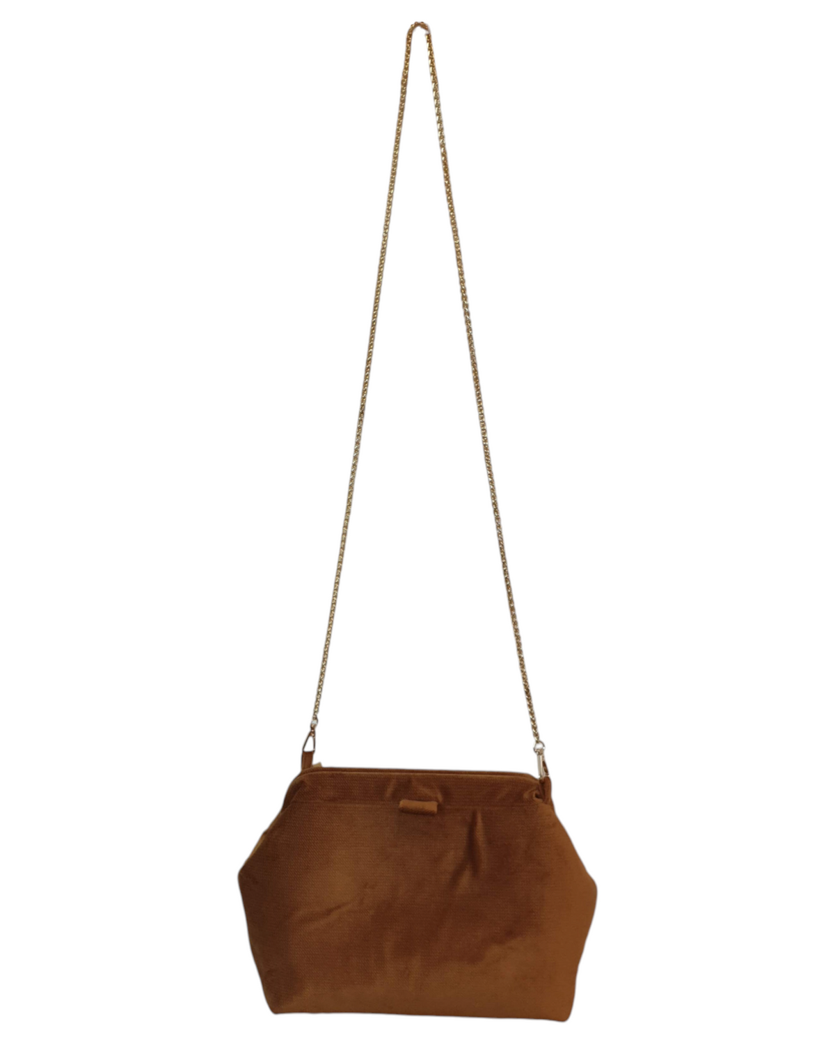 Bolso de fiesta SAVAGE LINE Galilea en pana aterciopelada color camel con cadena dorada ajustable y cierre de boquilla