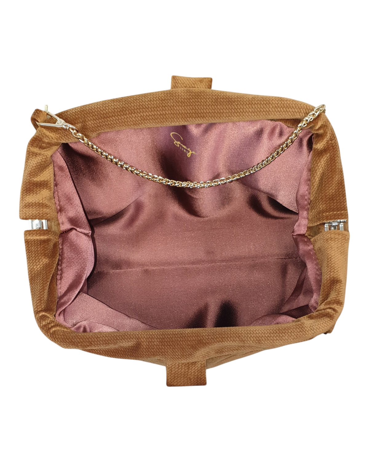 Bolso de fiesta SAVAGE LINE Galilea en pana color camel con interior satinado y cadena dorada ajustable
