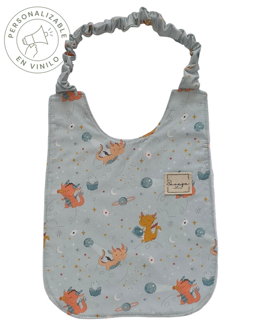Babero Montessori SAVAGE LINE de algodón orgánico con estampado de dragones y elástico ajustable para bebés