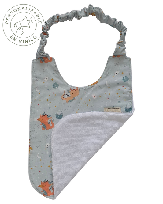 Babero Montessori SAVAGE LINE de algodón orgánico con estampado de dragones y reverso de rizo de bambú para bebés.