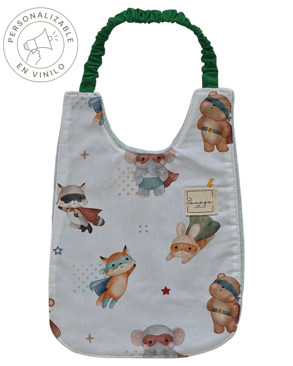 Babero Montessori SAVAGE LINE de algodón orgánico con estampado de superhéroes y elástico verde para bebés de 3-6 meses