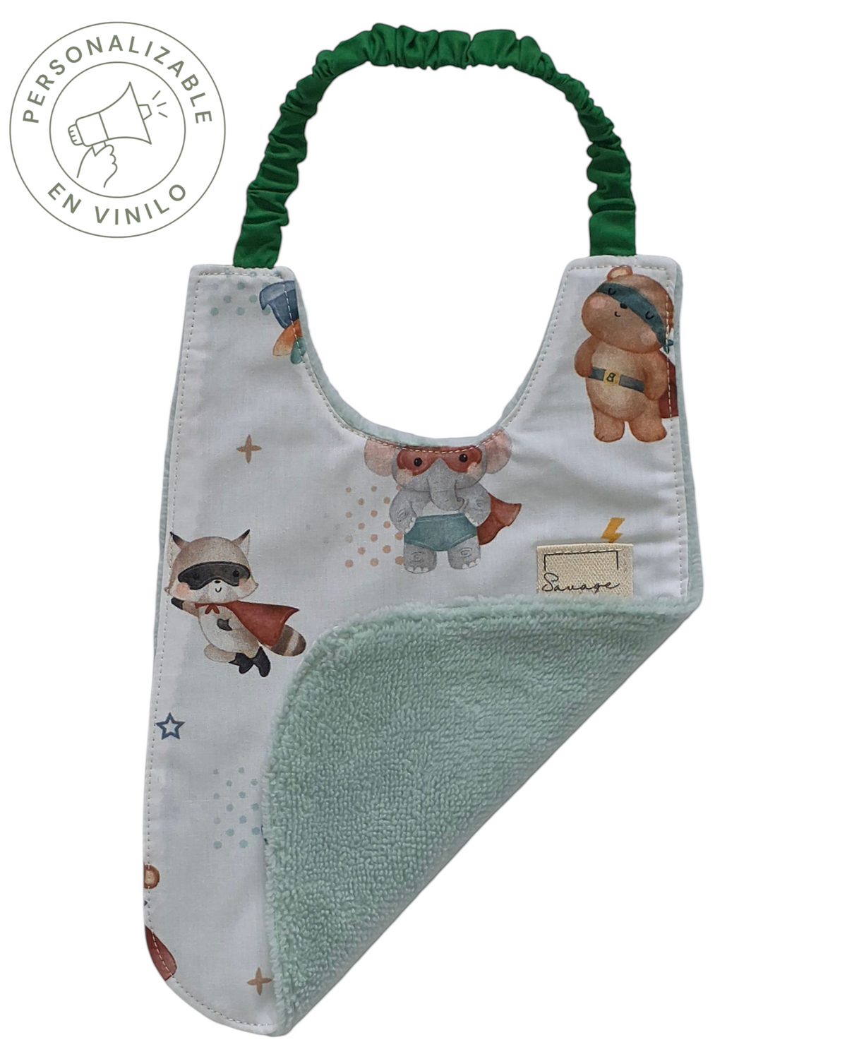 Babero Montessori SAVAGE LINE de algodón orgánico con estampado de superhéroes y reverso de rizo de bambú verde