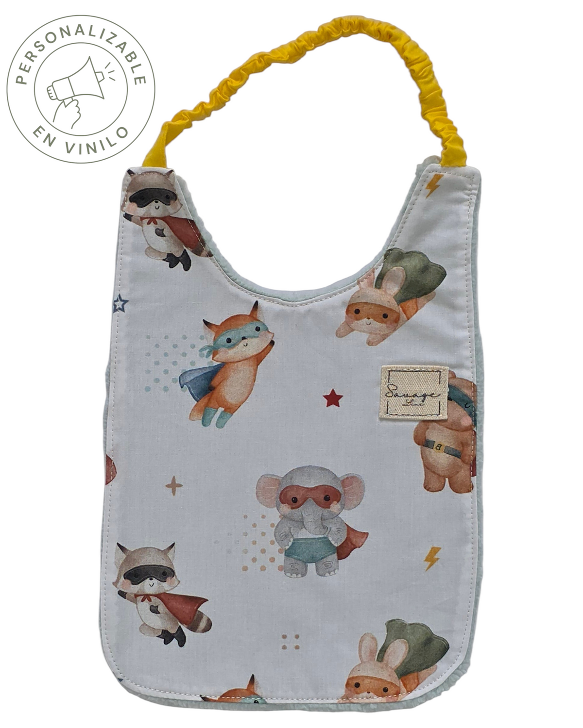 Babero SAVAGE LINE de algodón orgánico con estampado de superhéroes y elástico amarillo para bebés de 3 a 6 meses