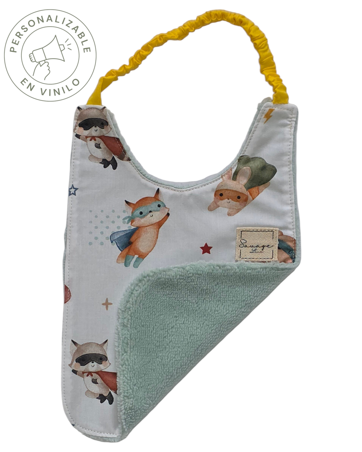 Babero Montessori SAVAGE LINE de algodón orgánico con estampado de superhéroes y reverso de rizo de bambú verde