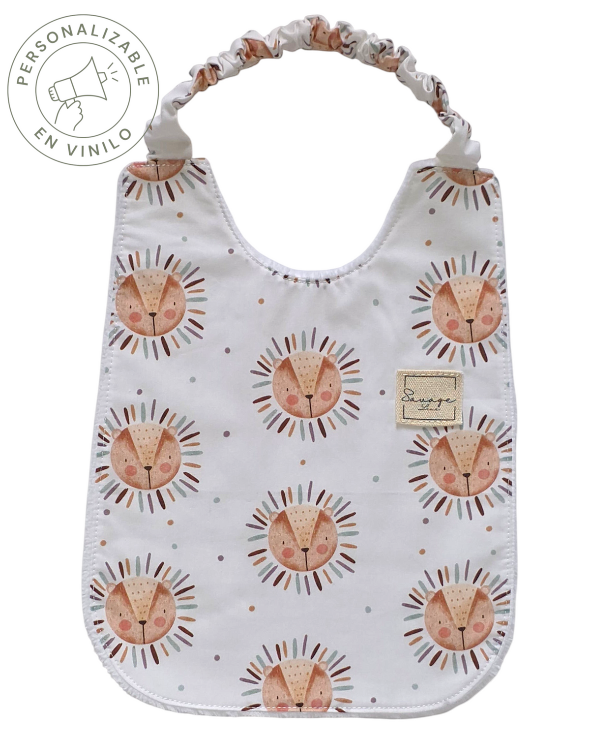 Babero Montessori SAVAGE LINE de algodón orgánico con estampado de leones y elástico ajustable para bebé