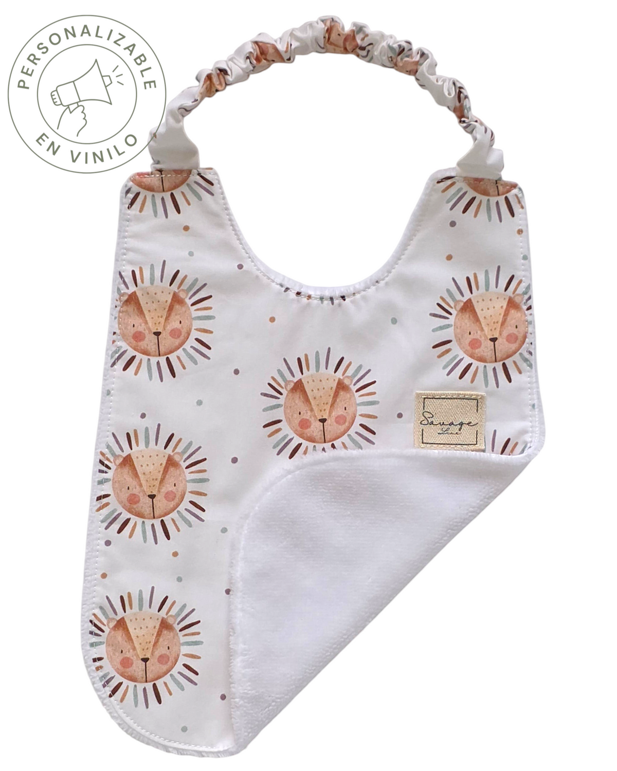 Babero Montessori SAVAGE LINE de algodón orgánico con estampado de leones y reverso de rizo de bambú para bebés.