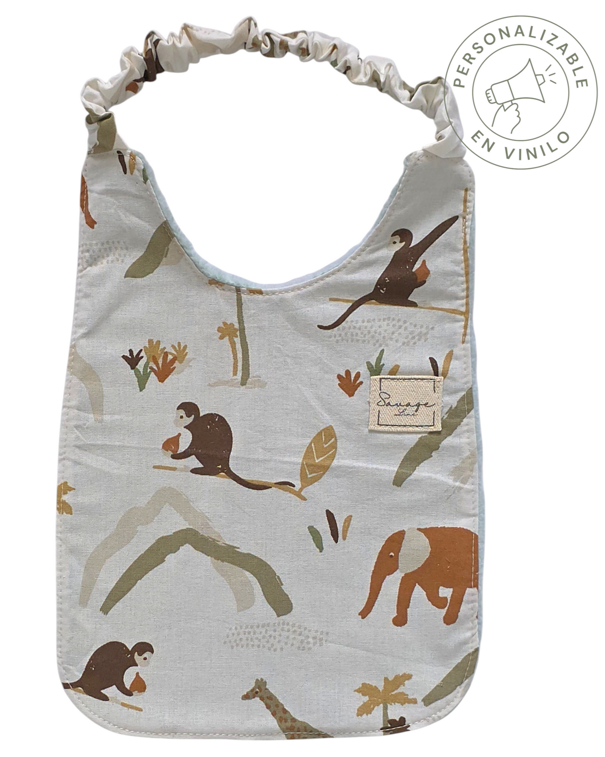 Babero Montessori SAVAGE LINE de algodón orgánico con estampado de animales de la jungla y cuello elástico ajustable.