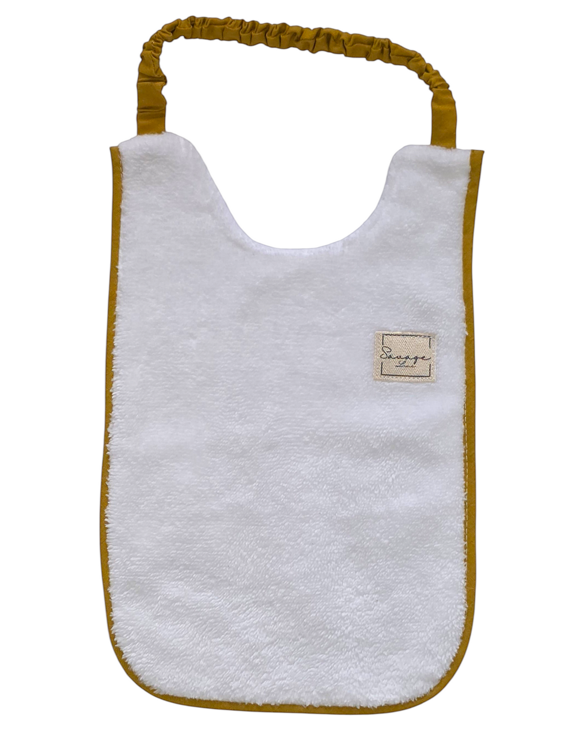 Babero SAVAGE LINE de rizo de bambú blanco con ribete y elástico color mostaza para bebés de 6 a 12 meses