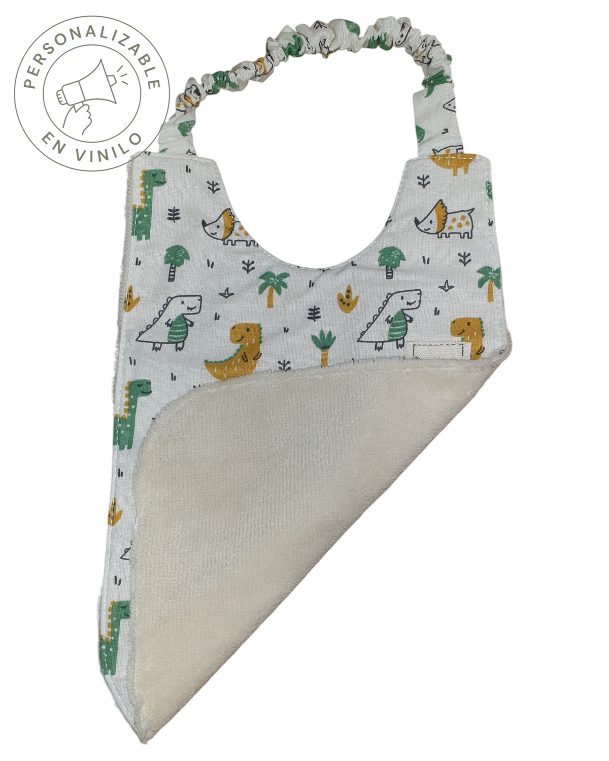 Babero Montessori SAVAGE LINE de algodón orgánico con estampado de dinosaurios y reverso de rizo de bambú suave