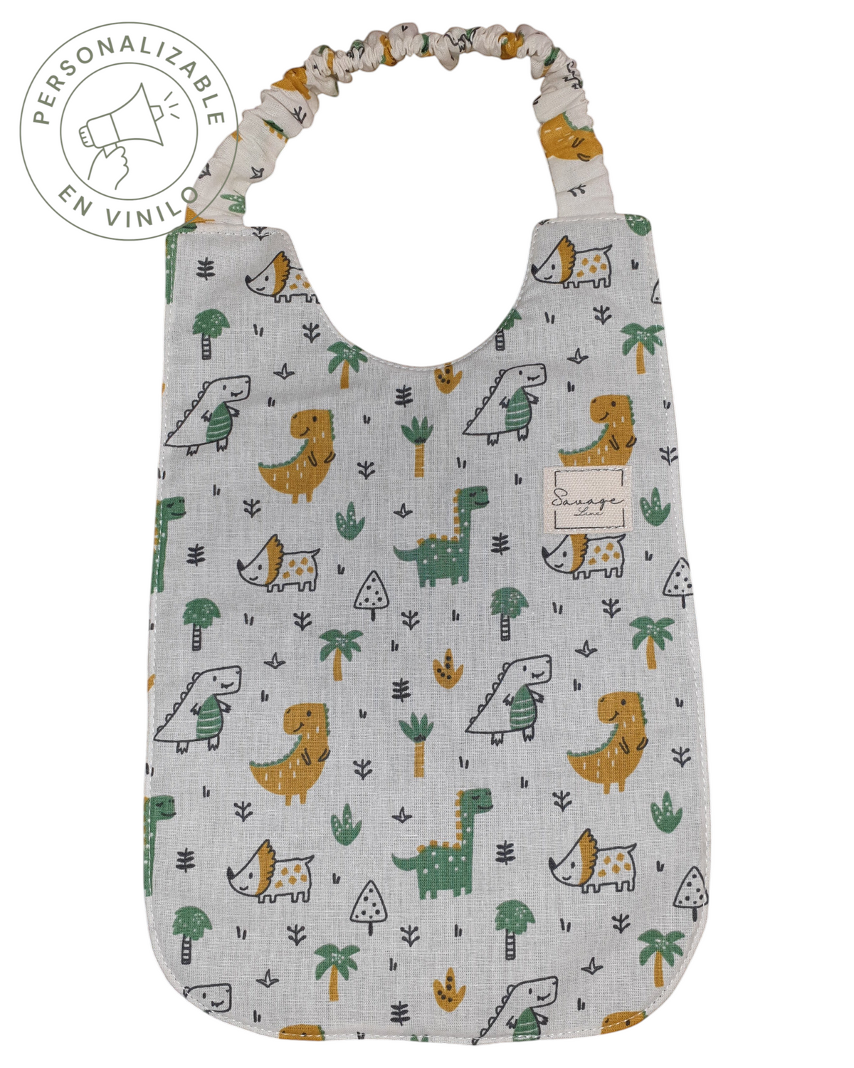 Babero SAVAGE LINE de algodón orgánico con estampado de dinosaurios y cuello elástico ajustable para bebés
