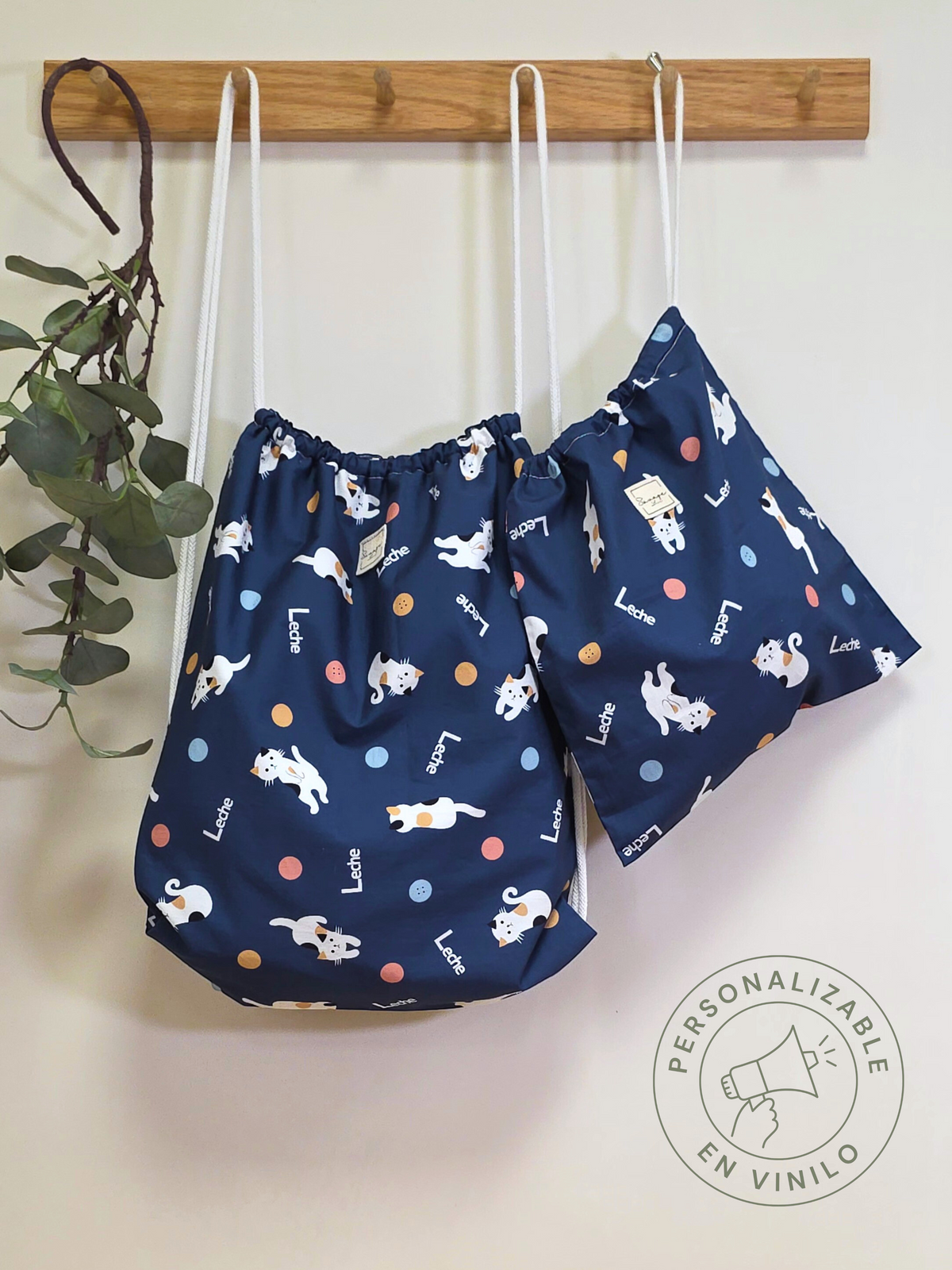 Dúo de mochila y bolsa SAVAGE LINE de algodón azul con estampado de gatitos y forro impermeable para guardería.