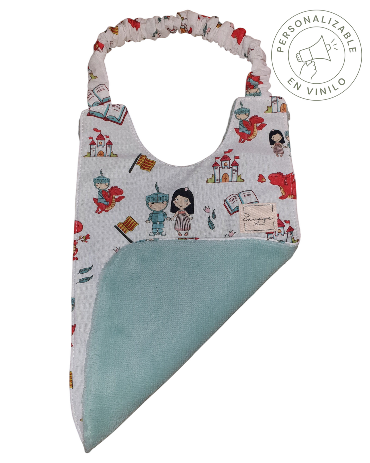 Babero Montessori SAVAGE LINE de algodón orgánico con estampado de castillos y reverso de rizo de bambú verde menta.