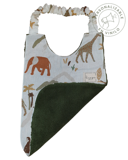Babero Montessori SAVAGE LINE con estampado de jungla, algodón orgánico y reverso de rizo de bambú verde