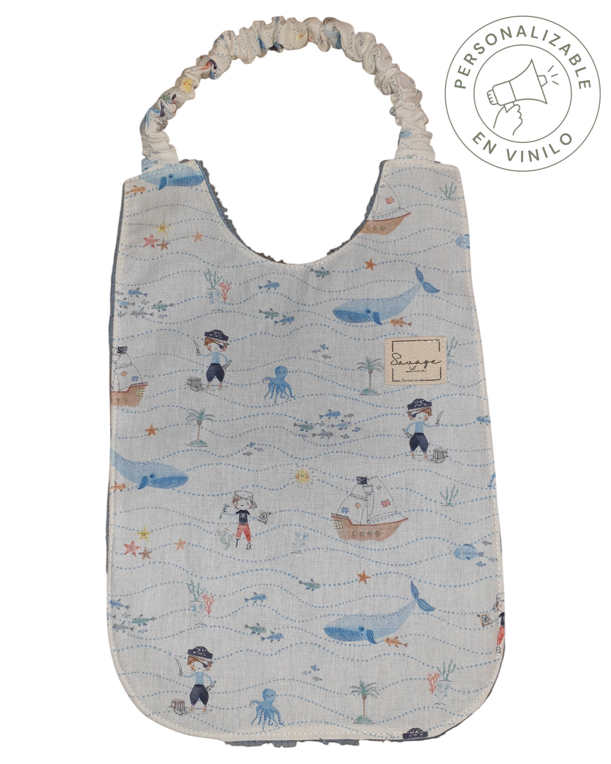 Babero Montessori SAVAGE LINE de algodón orgánico con estampado de piratas y elástico ajustable para bebés