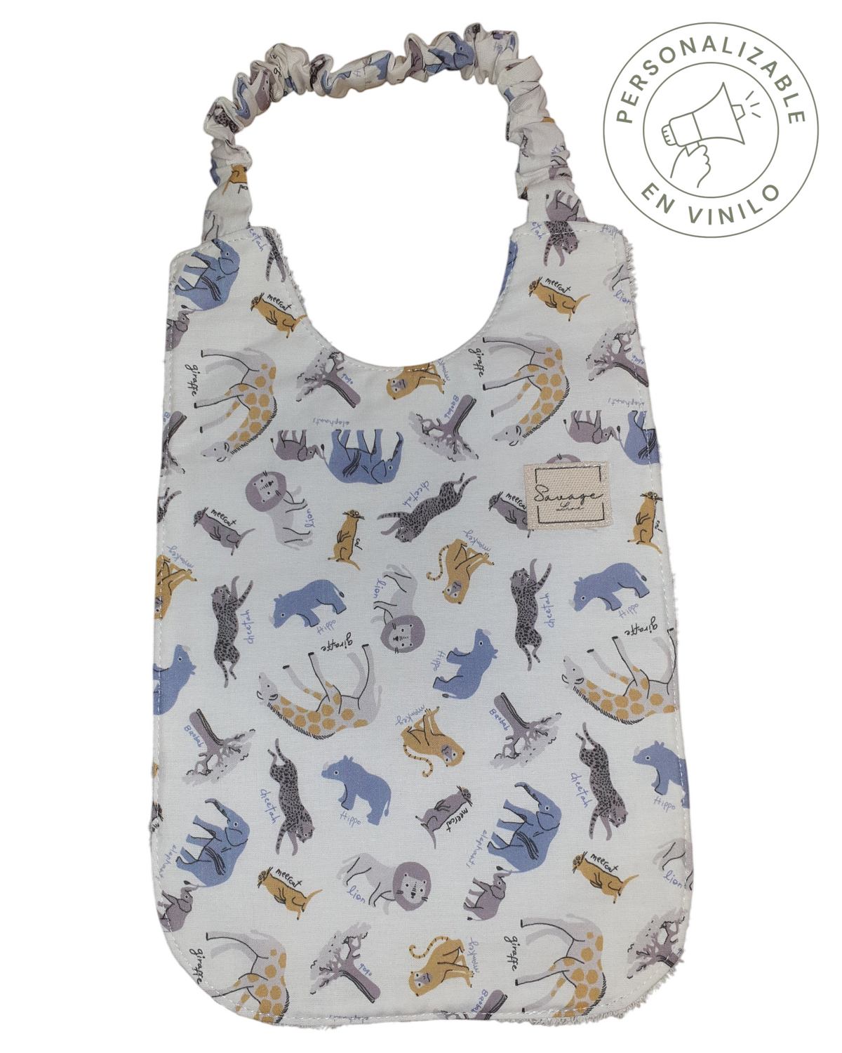 Babero Montessori SAVAGE LINE de algodón orgánico con estampado de animales safari y cuello elástico ajustable