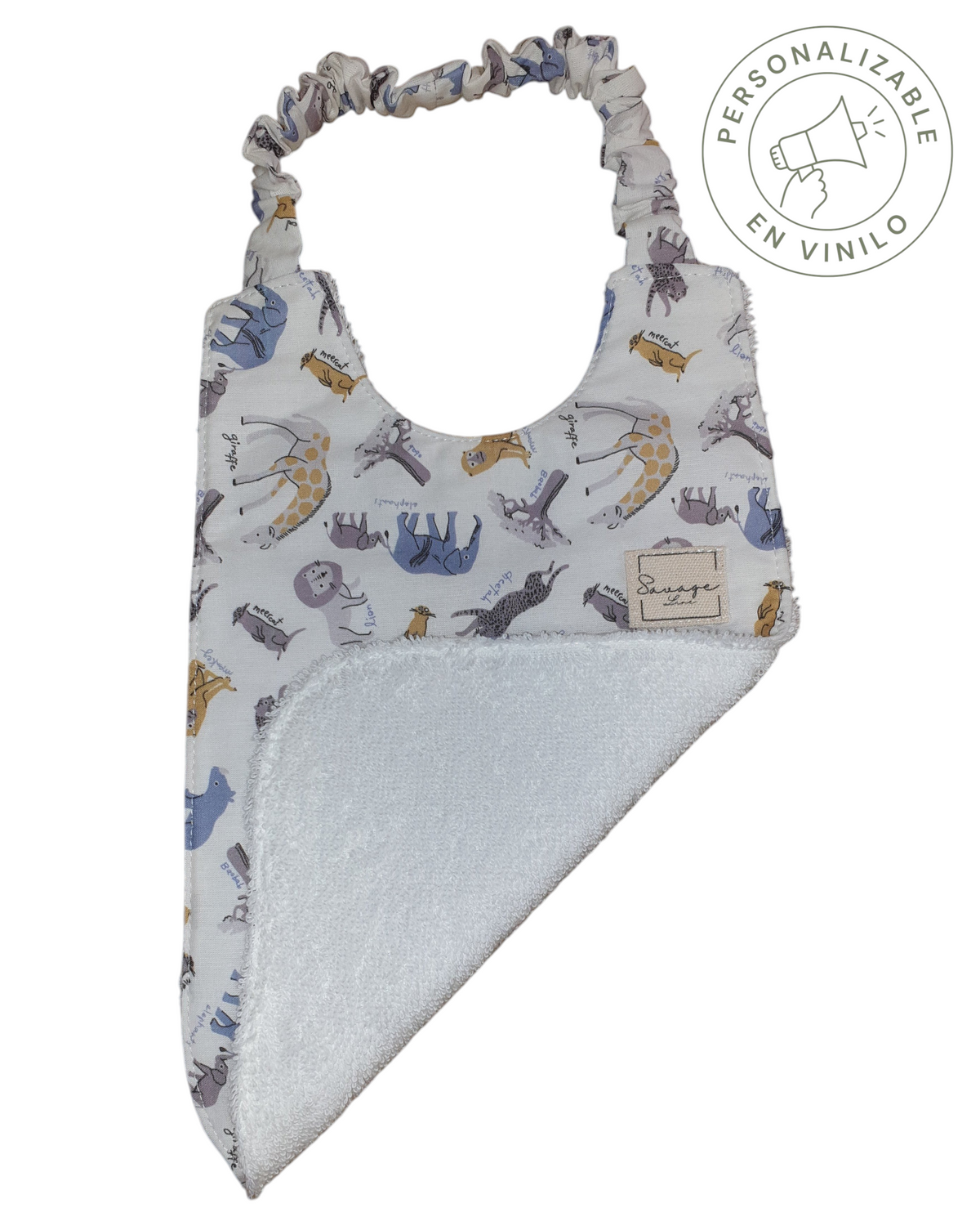 Babero Montessori SAVAGE LINE de algodón orgánico con estampado de animales safari y reverso de rizo de bambú blanco.