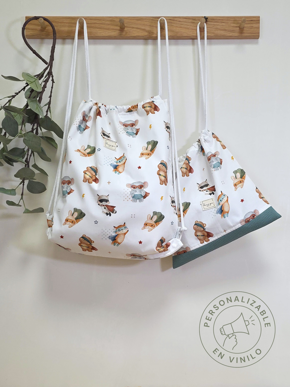Dúo de mochila y bolsa multiusos SAVAGE LINE con estampado de superhéroes, algodón y forro impermeable.
