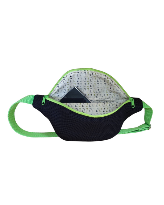 Riñonera artesanal SAVAGE LINE Katia azul marino de mesh 3D con detalles en verde neón y forro estampado