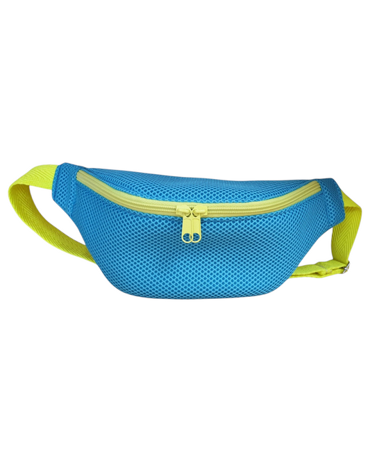 Riñonera artesanal SAVAGE LINE modelo Katia en mesh 3D azul celeste con cremalleras y correa ajustable en amarillo