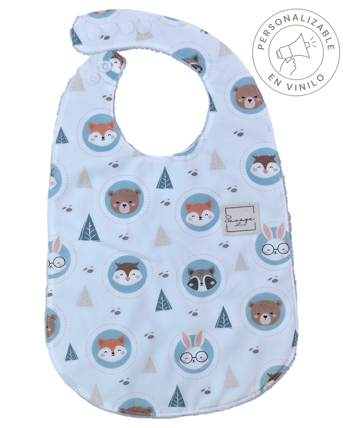 Babero evolutivo SAVAGE LINE de algodón y bambú con estampado de animales del bosque para bebés de 6 a 18 meses