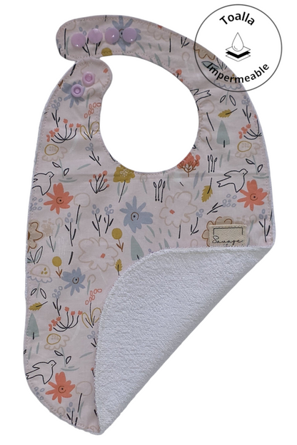 Babero evolutivo SAVAGE LINE con estampado de pajaritos y flores, algodón suave y rizo impermeable, ajustable.