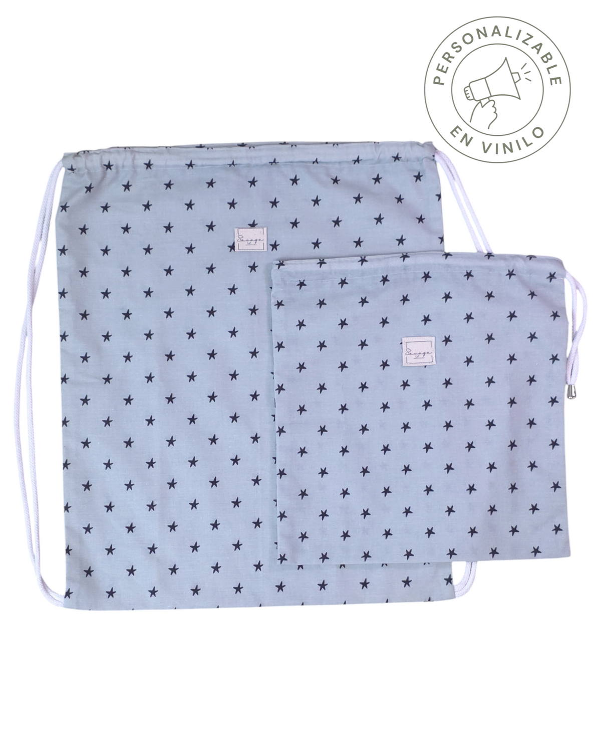Dúo de mochila y bolsa multiusos SAVAGE LINE en algodón azul claro con estampado de estrellas y cierre de cordón