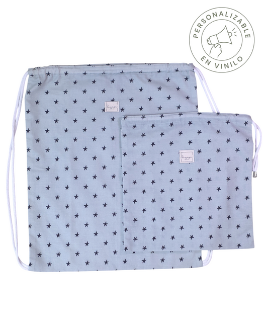 Dúo de mochila y bolsa multiusos SAVAGE LINE en algodón azul claro con estampado de estrellas y cierre de cordón