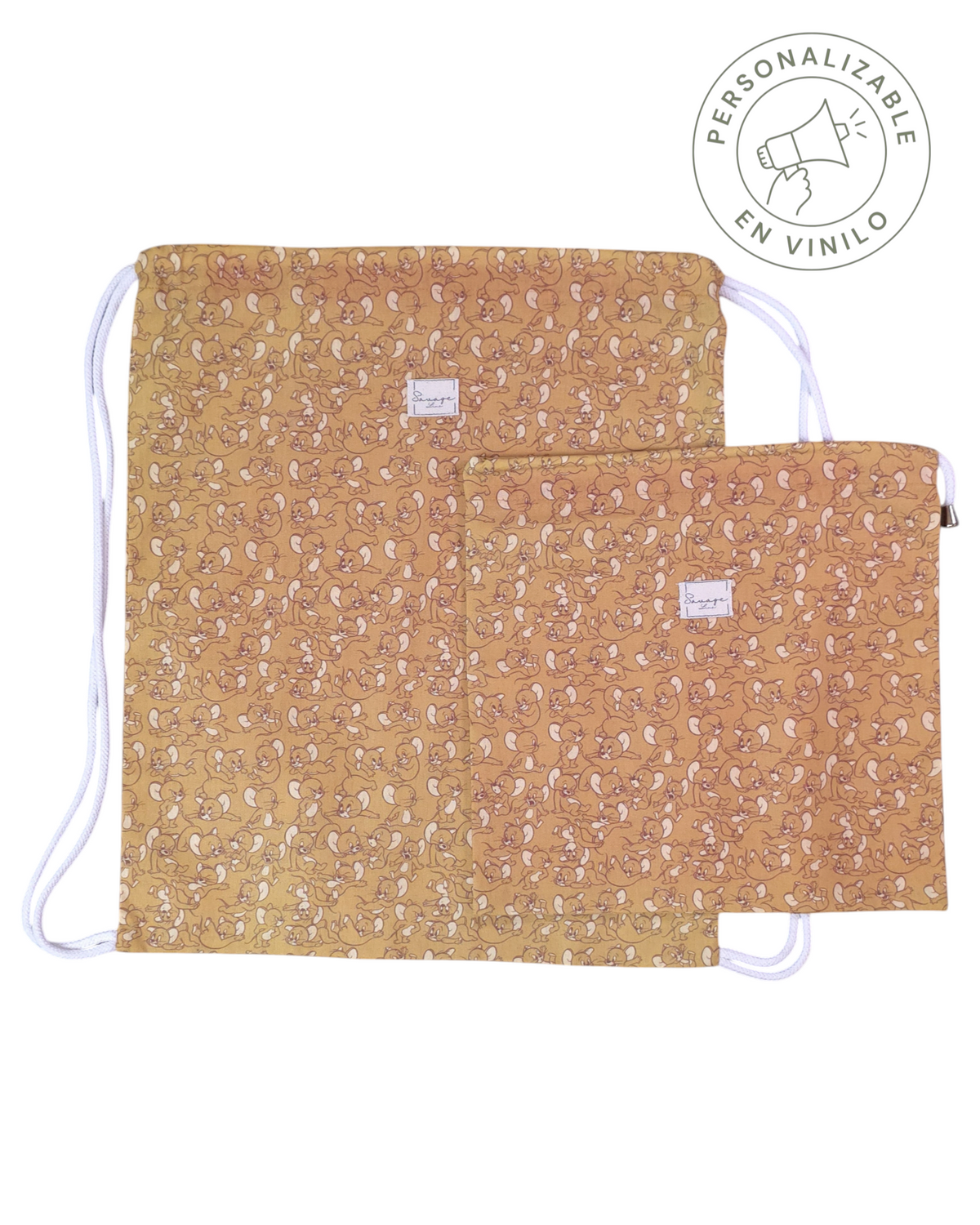 Dúo de mochila y bolsa multiusos SAVAGE LINE en algodón estampado color mostaza con cierre de cordón blanco