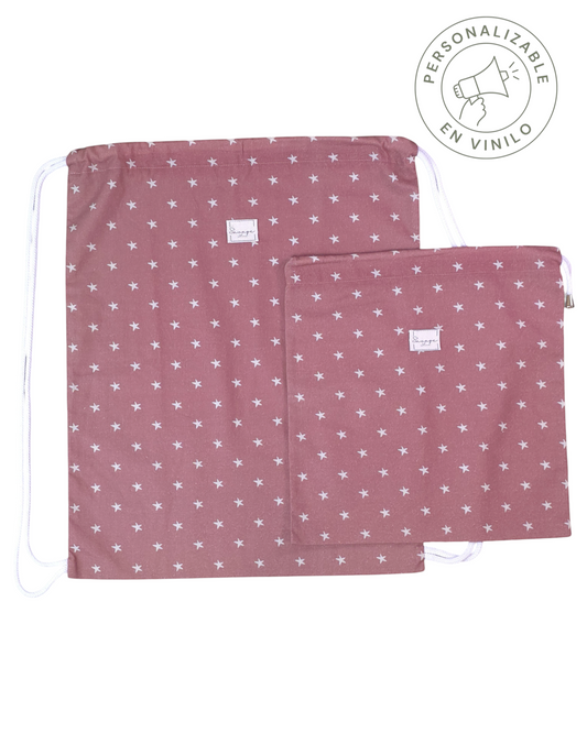 Dúo de mochila y bolsa multiusos SAVAGE LINE en algodón color salmón con estampado de estrellas blancas