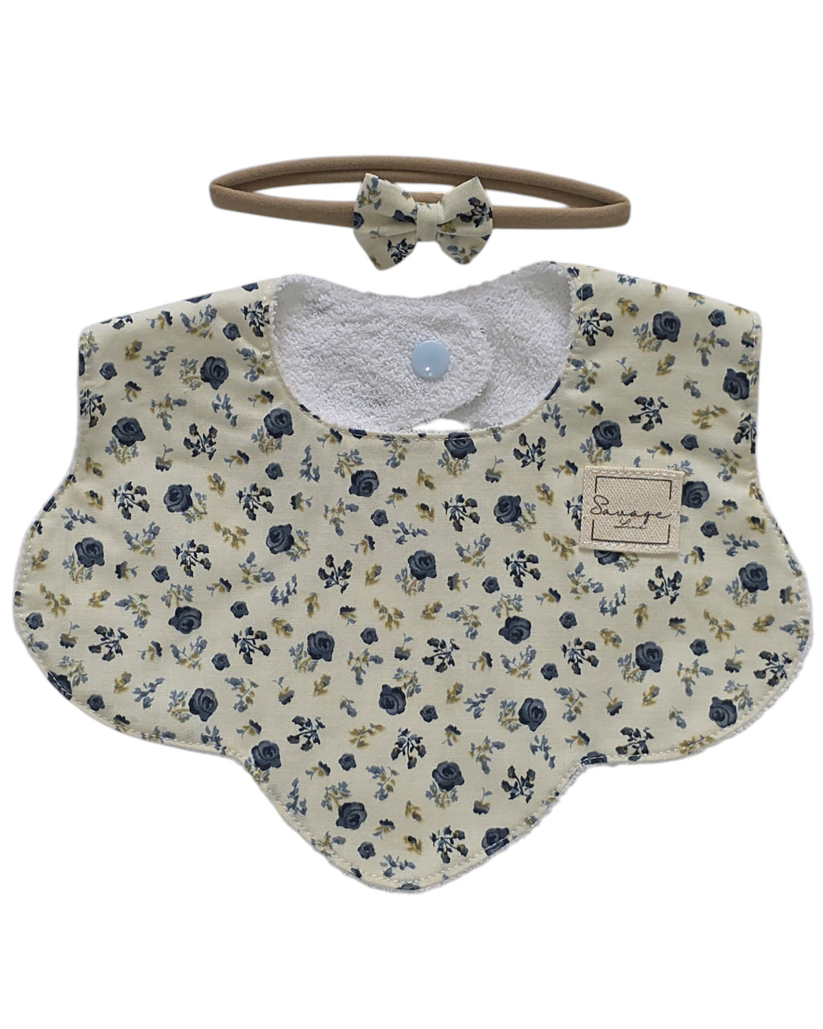 Conjunto SAVAGE LINE de babero floral vintage con reverso de rizo y diadema a juego con lazo para bebé