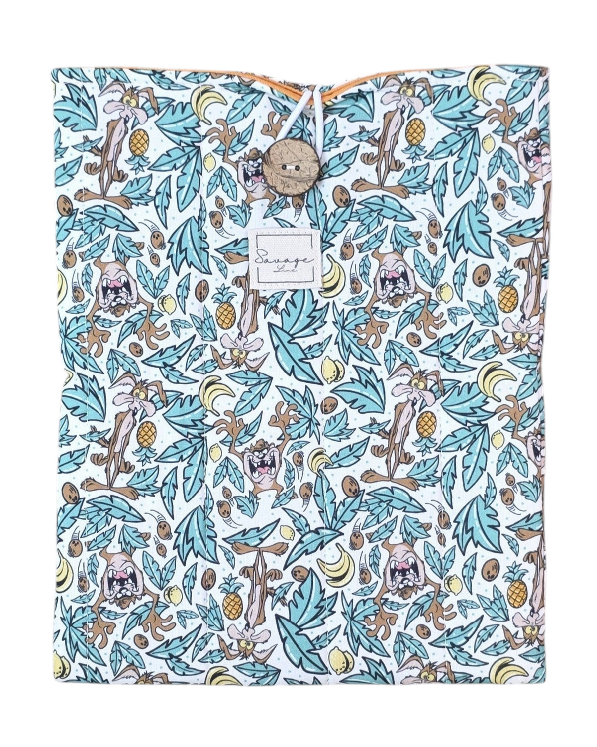 Funda artesanal SAVAGE LINE para libro o tablet con estampado de Looney Tunes, algodón acolchado y botón de coco.