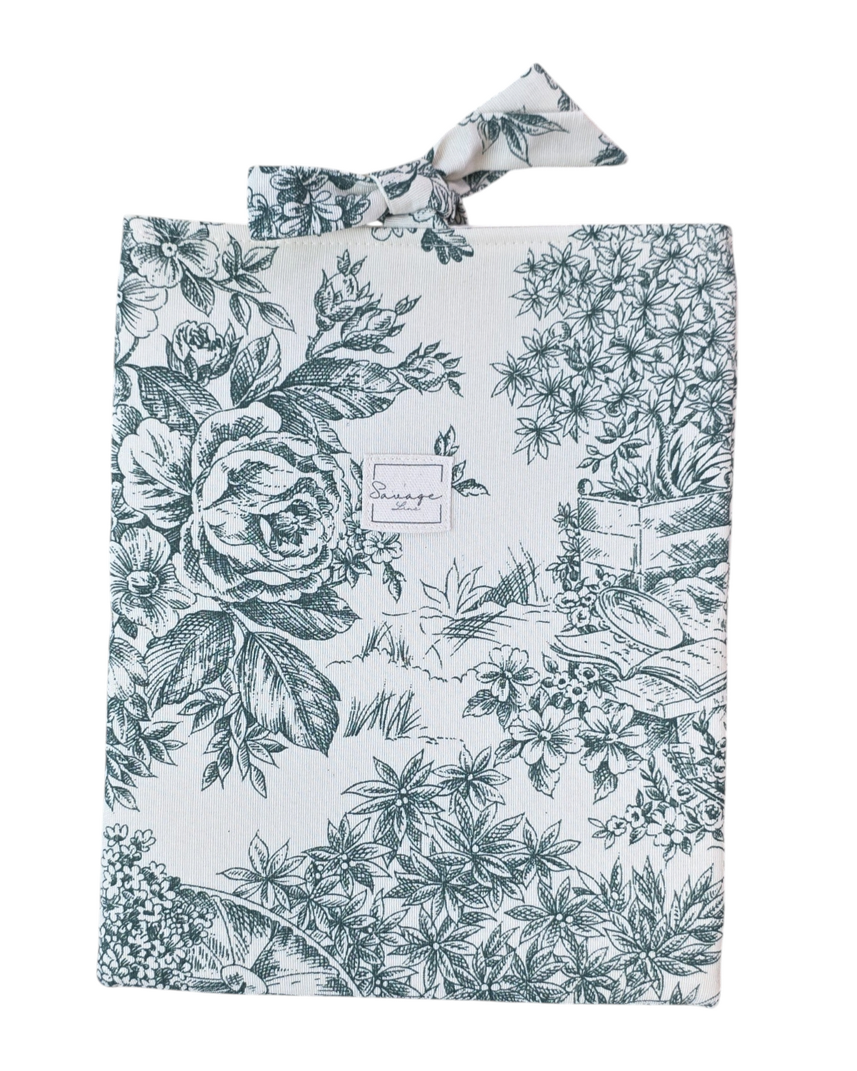 Funda artesanal SAVAGE LINE para libro o tablet en algodón acolchado con estampado Toile de Jouy verde y cierre lazada