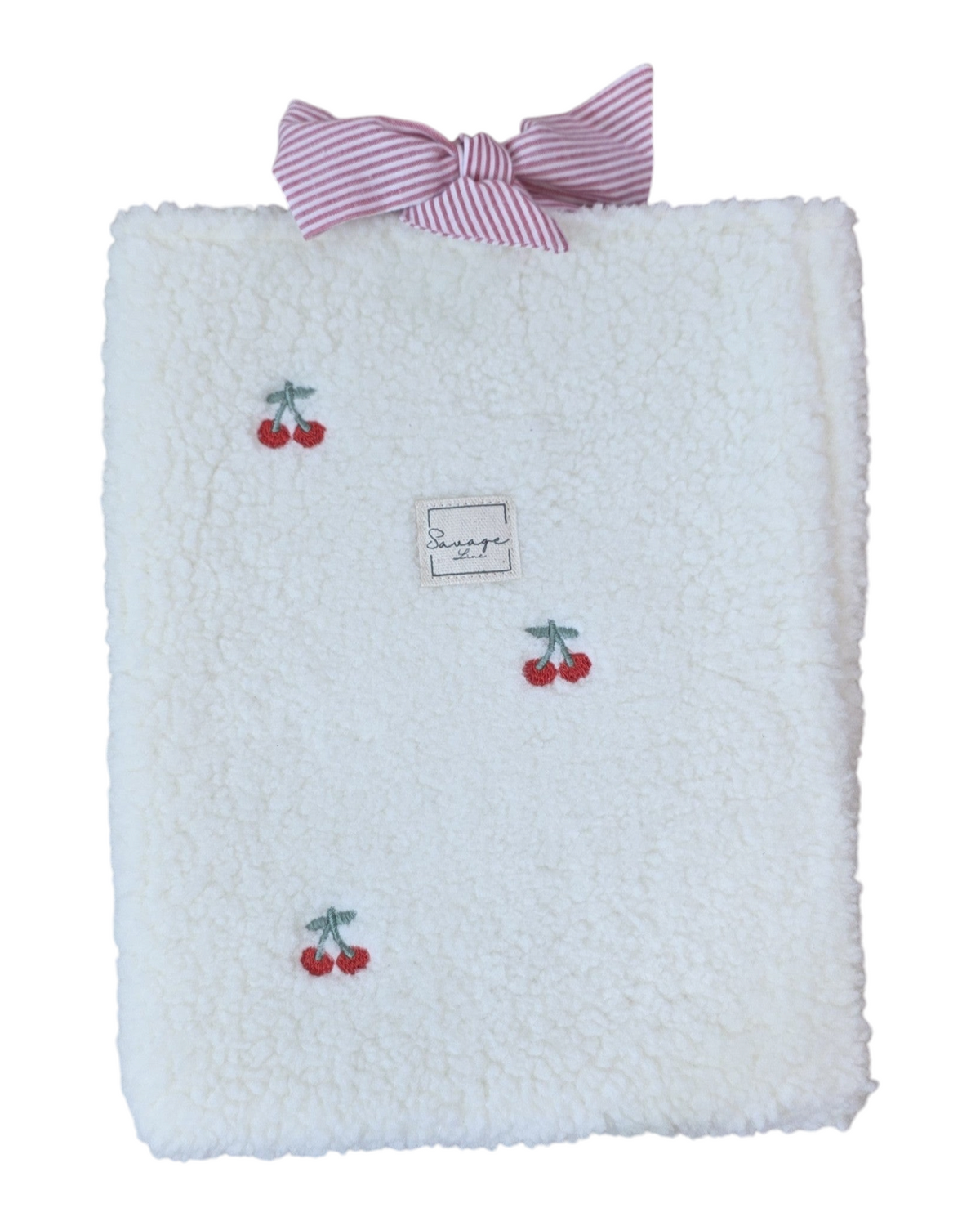Funda para libro o tablet SAVAGE LINE de tejido teddy blanco con bordado de cerezas y lazo de rayas rosa