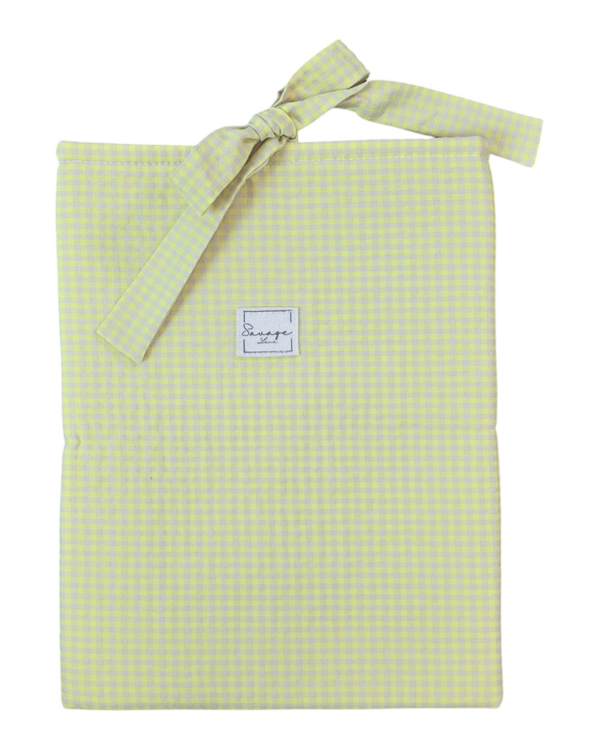 Funda artesanal SAVAGE LINE para libro o tablet en algodón acolchado con estampado vichy amarillo neón y cierre de lazo