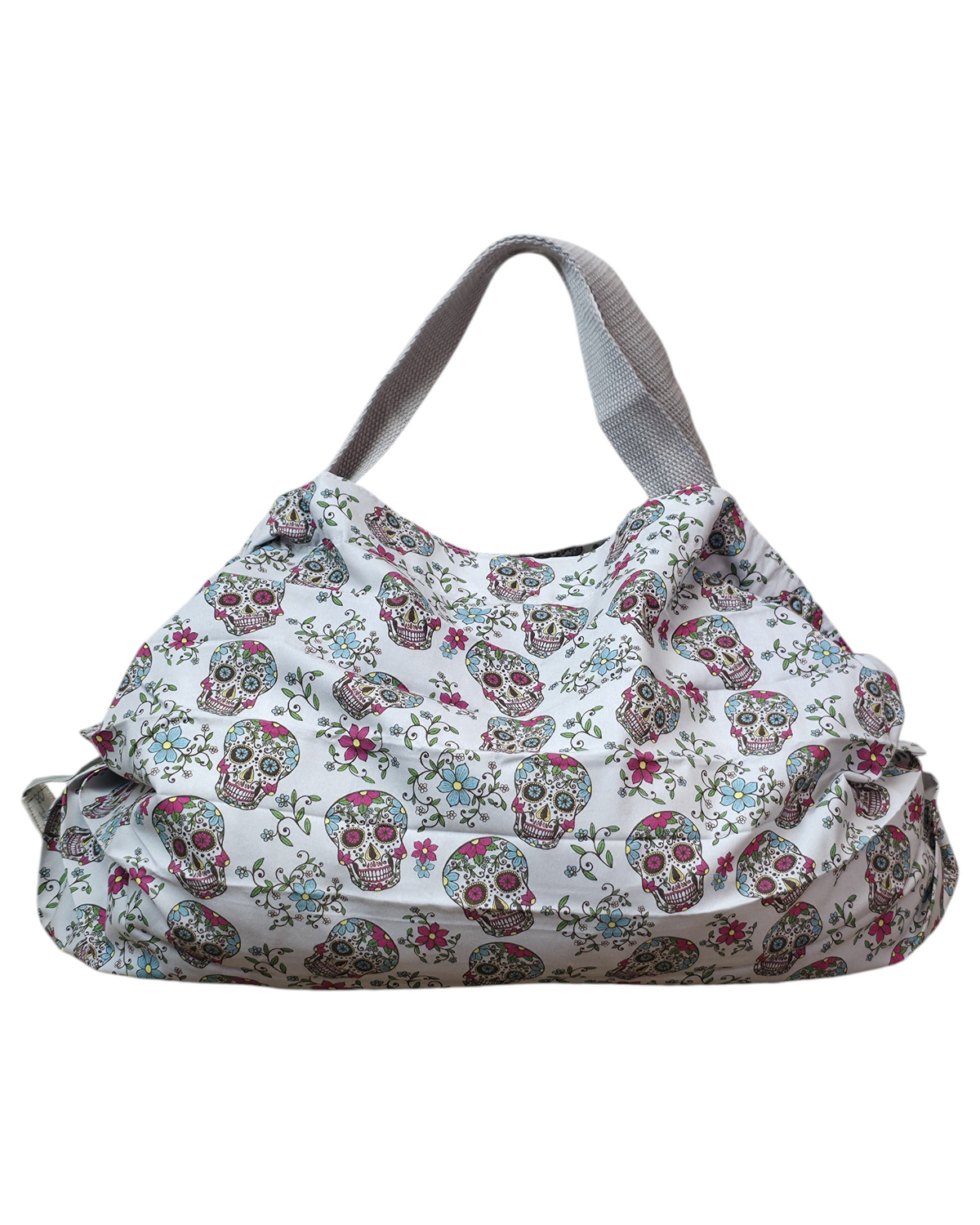 Bolsa plegable SAVAGE LINE estilo japonés de popelín con estampado de catrinas y asas de algodón gris.