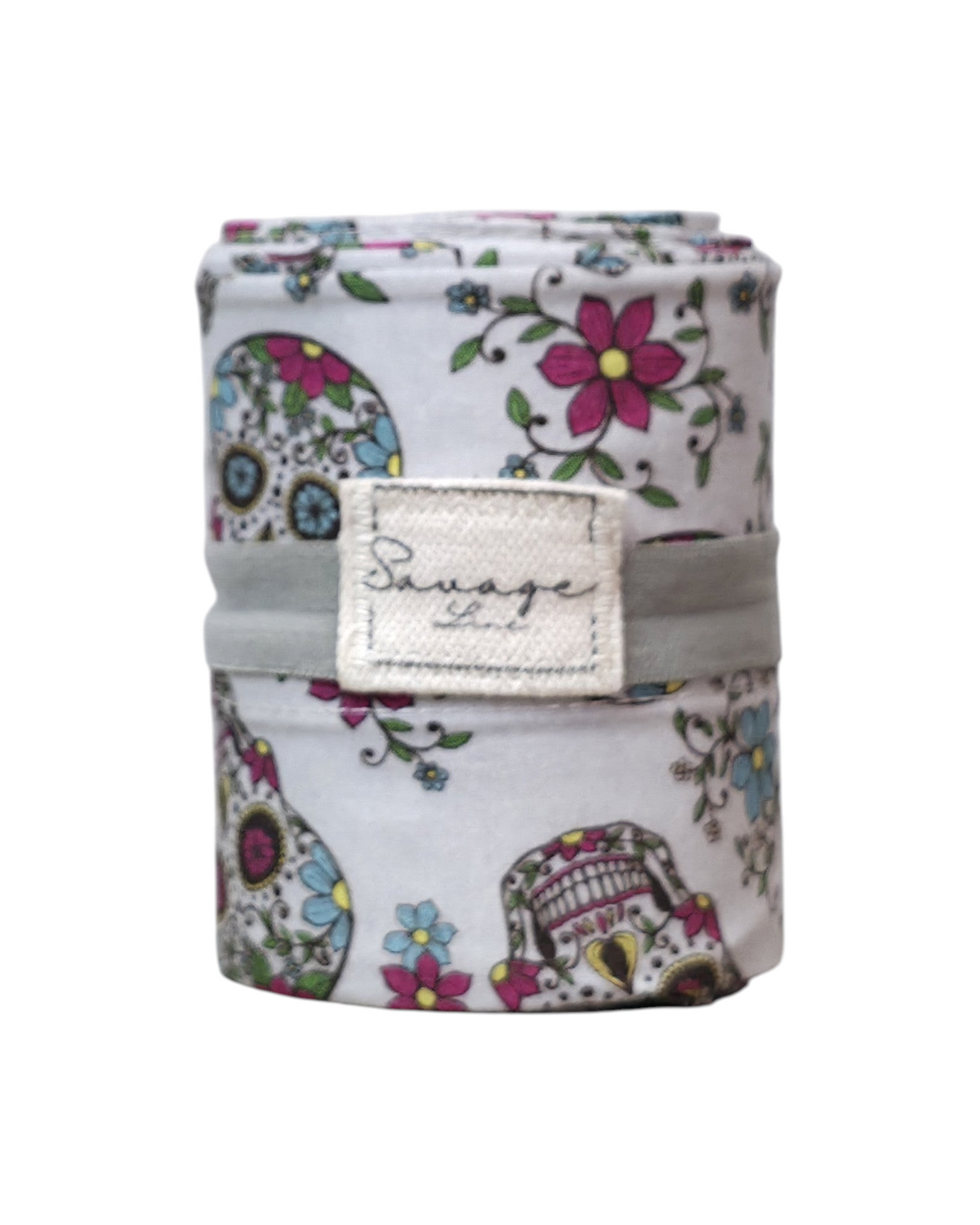 Bolsa plegable artesanal SAVAGE LINE con estampado de catrinas y flores sobre fondo blanco en tela de popelín