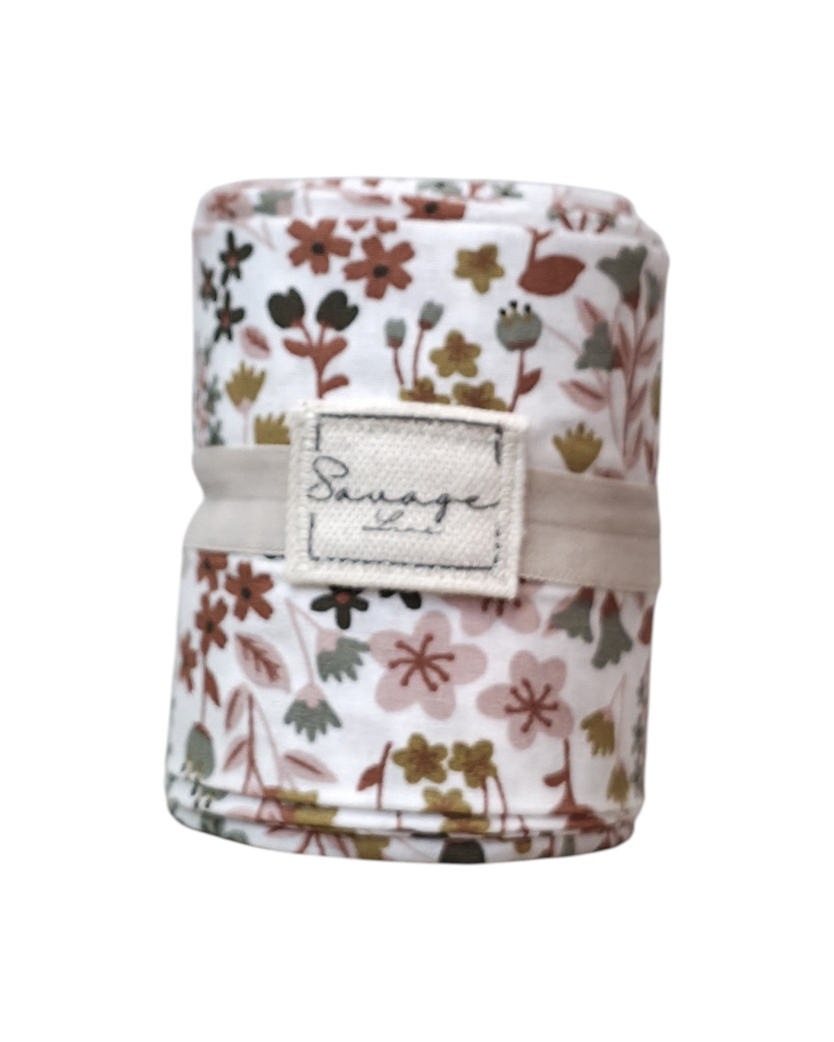 Bolsa plegable artesanal SAVAGE LINE de popelín con estampado de flores otoñales y etiqueta de marca visible