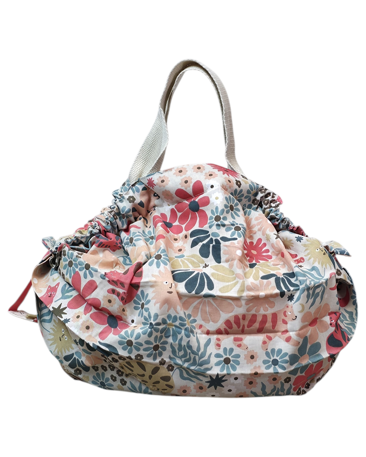 Bolsa plegable SAVAGE LINE estilo japonés de popelín con estampado de gatos y flores, asas de algodón color crema.
