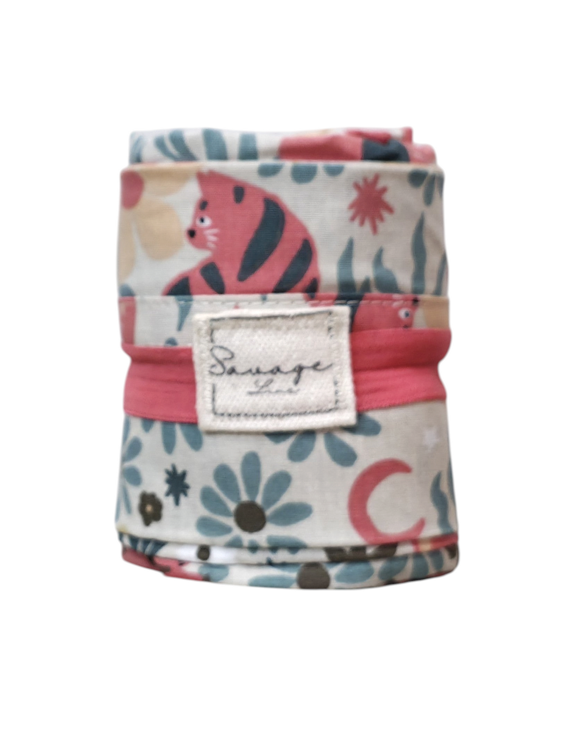 Bolsa plegable artesanal SAVAGE LINE de popelín con estampado de gatos, flores y lunas en tonos pastel, talla S.