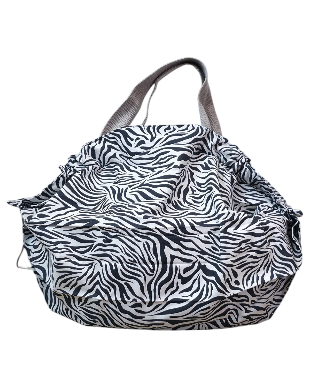 Bolsa plegable artesanal SAVAGE LINE estilo japonés con estampado de cebra en popelín blanco y negro y asas de algodón