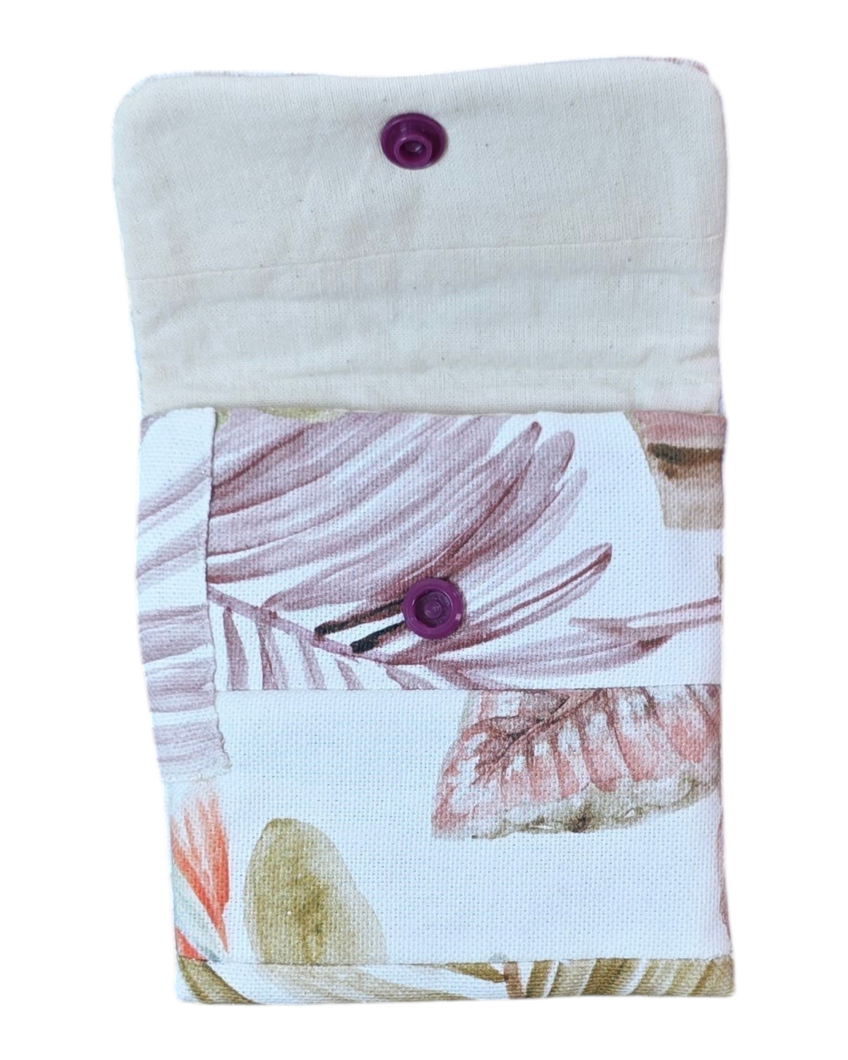 Monedero artesanal SAVAGE LINE de loneta con estampado de hojas y cierre a presión morado, forro de algodón.