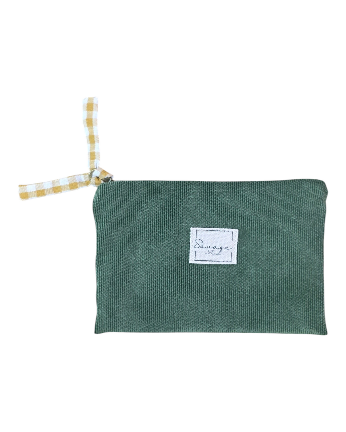 Monedero SAVAGE LINE Classic de pana verde oliva con etiqueta de marca y tirador de cremallera a cuadros amarillos