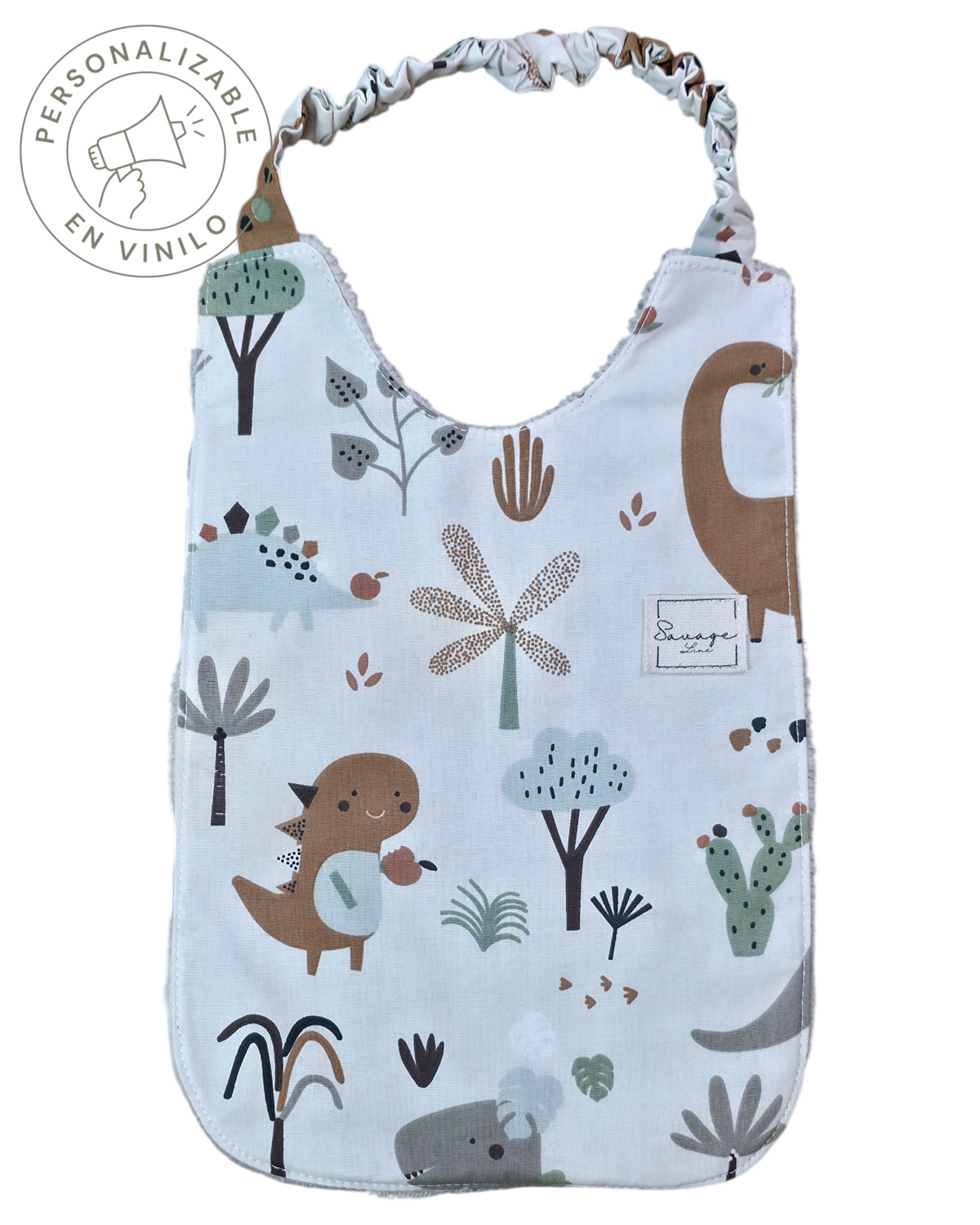 Babero Montessori SAVAGE LINE de algodón orgánico con estampado de dinosaurios y reverso de rizo de bambú