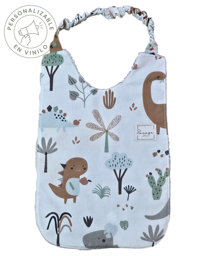 Babero Montessori SAVAGE LINE de algodón orgánico con estampado de dinosaurios y reverso de rizo de bambú