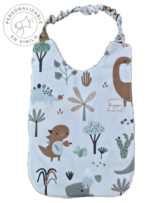 Babero Montessori SAVAGE LINE de algodón orgánico con estampado de dinosaurios y reverso de rizo de bambú