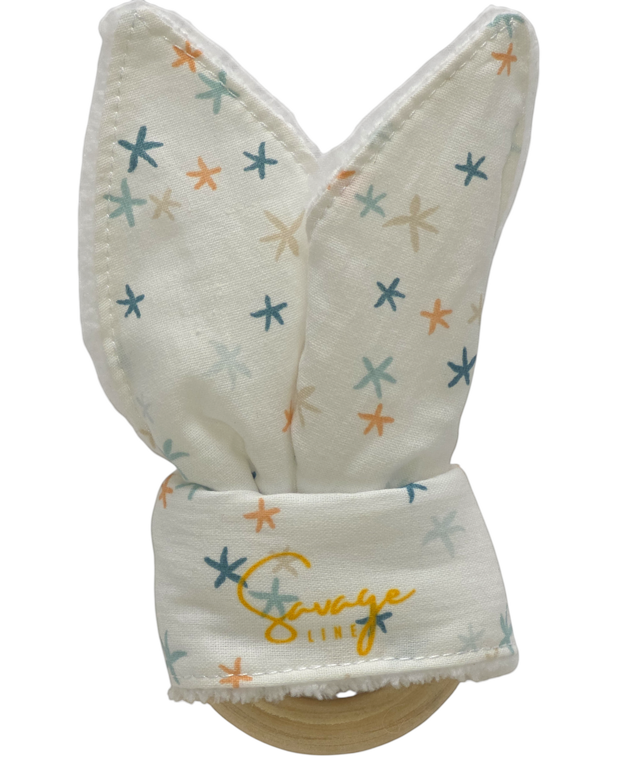 Mordedor de orejitas SAVAGE LINE con estampado de estrellas de mar en algodón y rizo de bambú con anilla de madera